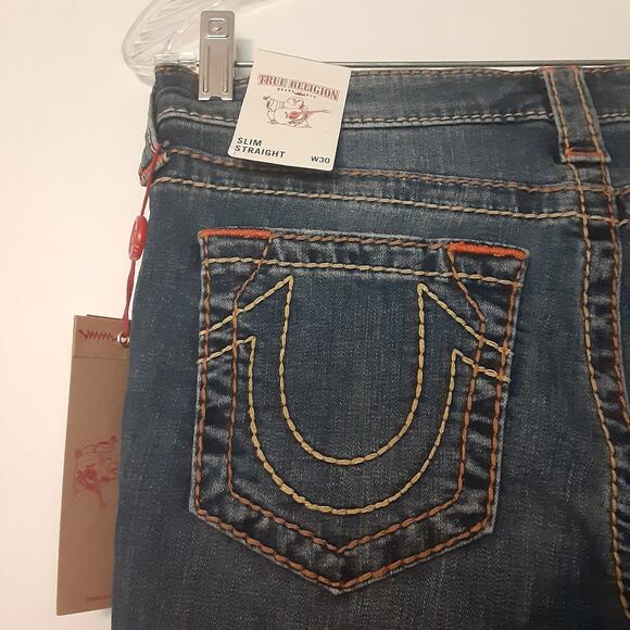 True Religion Jeans Womens 30 Big T Super Stretch Slim Straight Distressed EUC - Picture 6 of 11